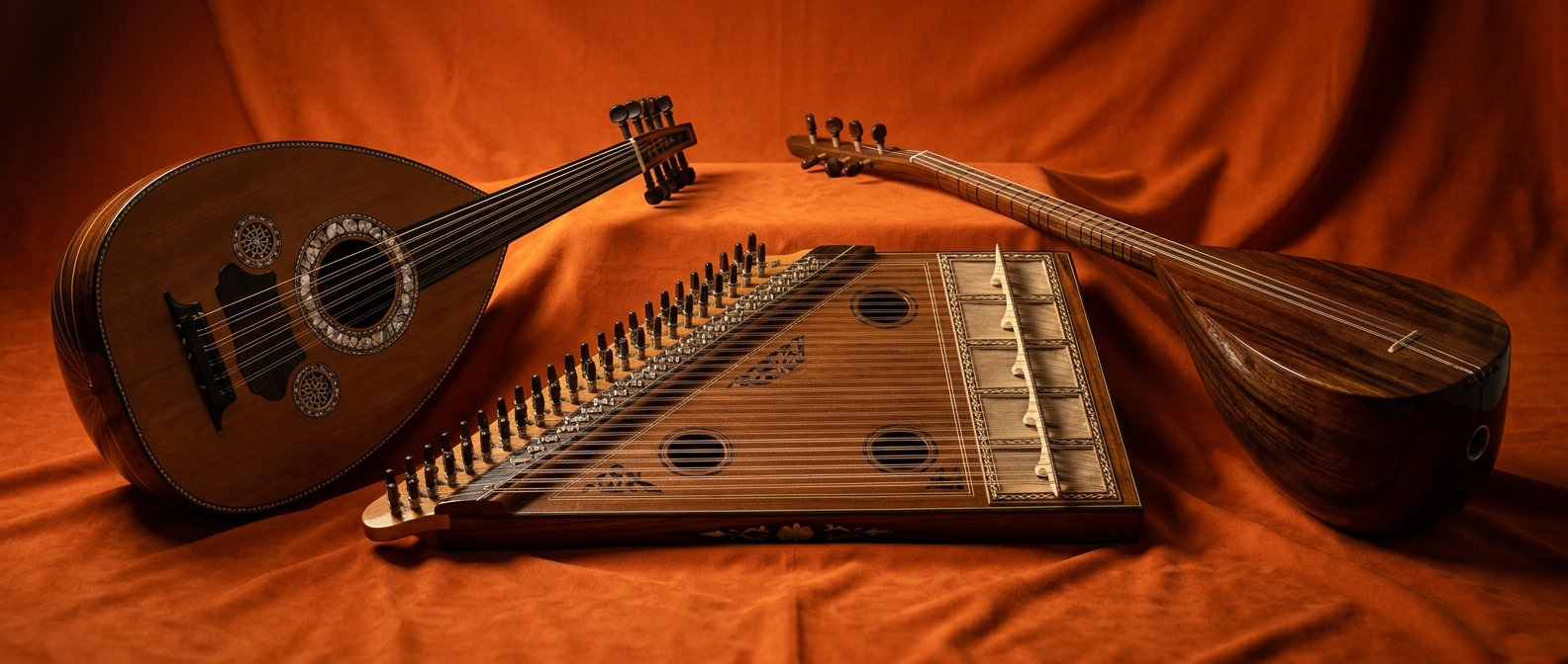 Maqam — Eastern Tuner: ud, kanun, baglama on saffron fabric